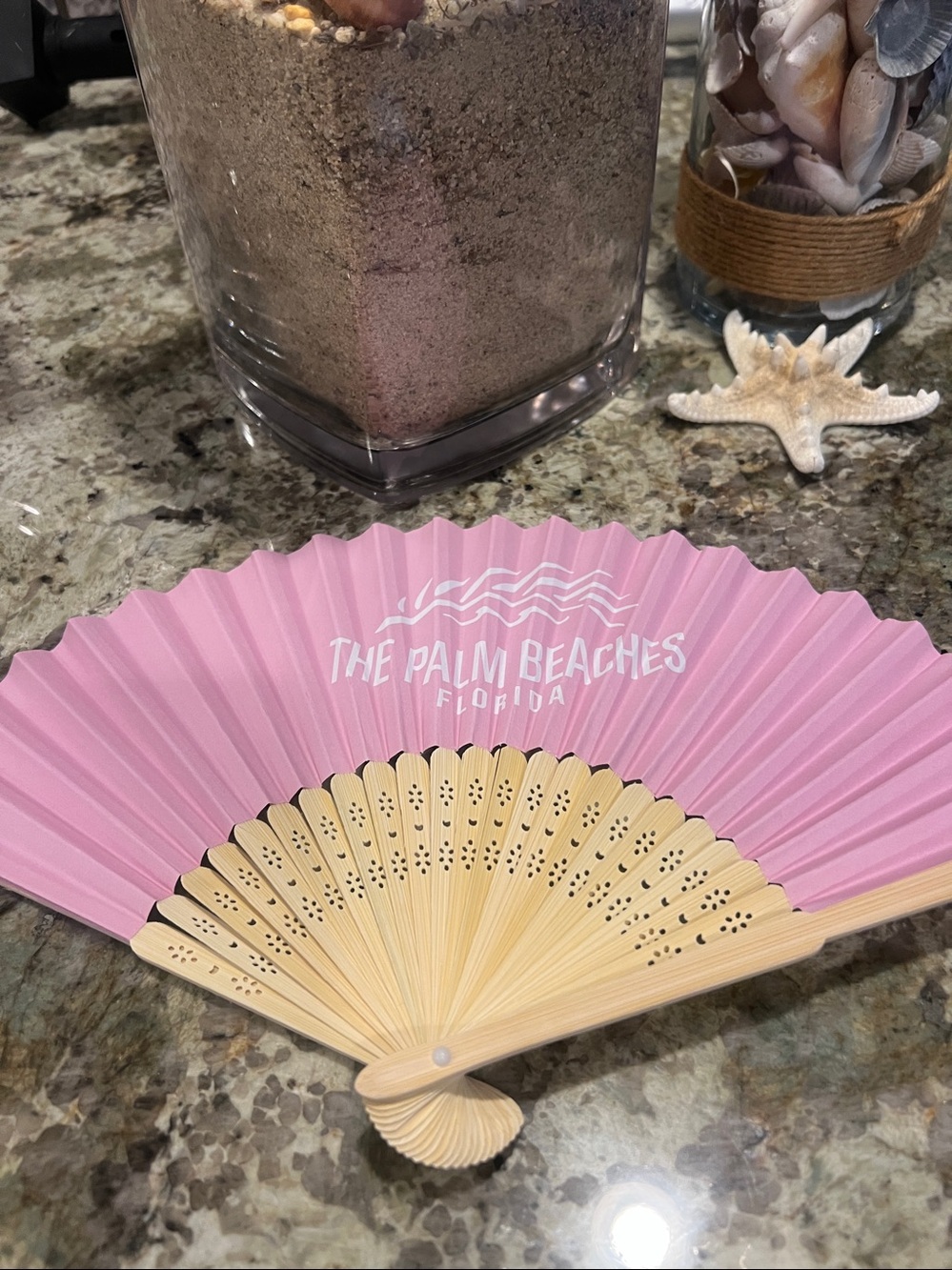 The Palm Beaches  Florida Pink Folding Hand Fan